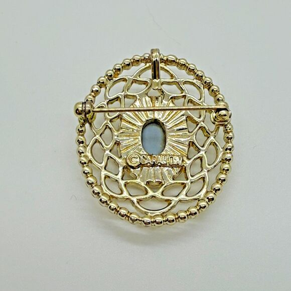 VTG Sarah Coventry Goldtone Blue Cameo Brooch Pendant Filigree Oval Convertible - Picture 4 of 8